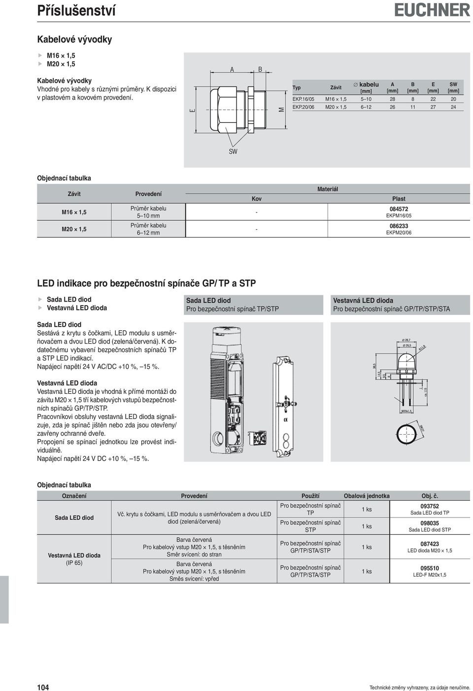 Sada LED diod TP/STP Vestavná LED dioda GP/TP/STP/STA Sada LED diod Sestává z krytu s čočkami, LED modulu s usměrňovačem a dvou LED diod (zelená/červená).