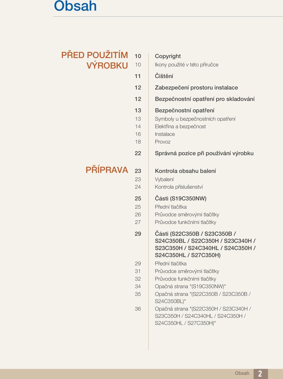 (S19C350NW) 25 Přední tlačítka 26 Průvodce směrovými tlačítky 27 Průvodce funkčními tlačítky 29 Části (S22C350B / S23C350B / S24C350BL / S22C350H / S23C340H / S23C350H / S24C340HL / S24C350H /