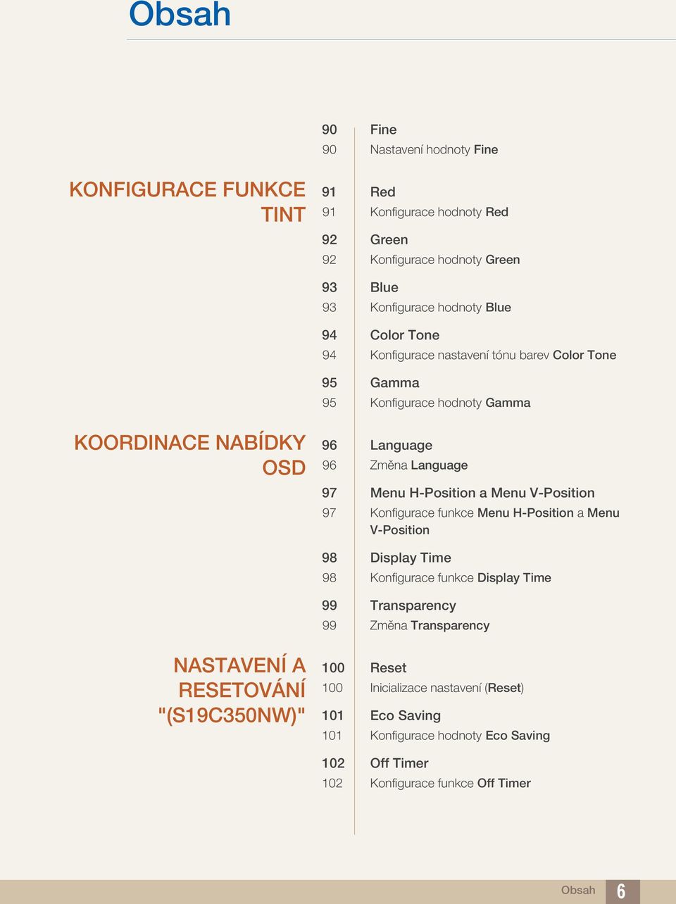 Menu V-Position 97 Konfigurace funkce Menu H-Position a Menu V-Position 98 Display Time 98 Konfigurace funkce Display Time 99 Transparency 99 Změna Transparency NASTAVENÍ A