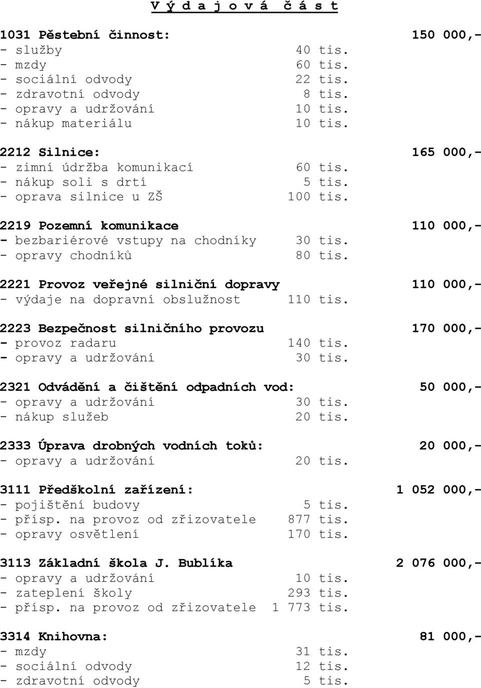 - opravy chodníků 80 tis. 2221 Provoz veřejné silniční dopravy 110 000,- - výdaje na dopravní obslužnost 110 tis. 2223 Bezpečnost silničního provozu 170 000,- - provoz radaru 140 tis.