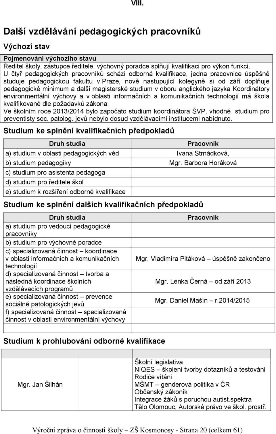 magisterské studium v oboru anglického jazyka Koordinátory environmentální výchovy a v oblasti informačních a komunikačních technologií má škola kvalifikované dle požadavků zákona.