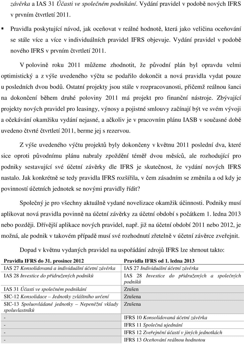 Vydání pravidel v podobě nového IFRS v prvním čtvrtletí 2011.