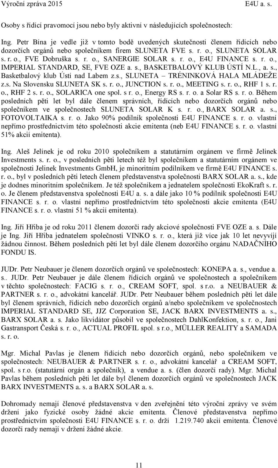 r. o., E4U FINANCE s. r. o., IMPERIAL STANDARD, SE, FVE OZE a. s., BASKETBALOVÝ KLUB ÚSTÍ N.L., a. s., Basketbalový klub Ústí nad Labem z.s., SLUNETA TRÉNINKOVÁ HALA MLÁDEŽE z.s. Na Slovensku SLUNETA SK s.