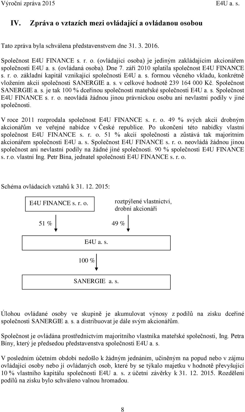 s. v celkové hodnotě 239 164 000 Kč. Společnost SANERGIE a. s. je tak 100 % dceřinou společností mateřské společnosti E4U a. s. Společnost E4U FINANCE s. r. o.