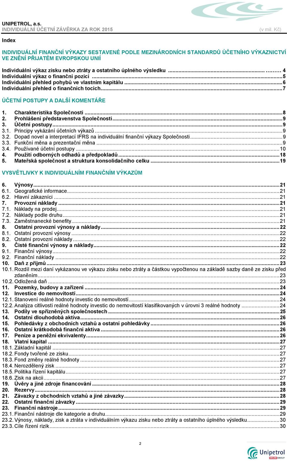 Charakteristika Společnosti... 8 2. Prohlášení představenstva Společnosti... 9 3. Účetní postupy... 9 3.1. Principy vykázání účetních výkazů... 9 3.2. Dopad novel a interpretací IFRS na individuální finanční výkazy Společnosti.