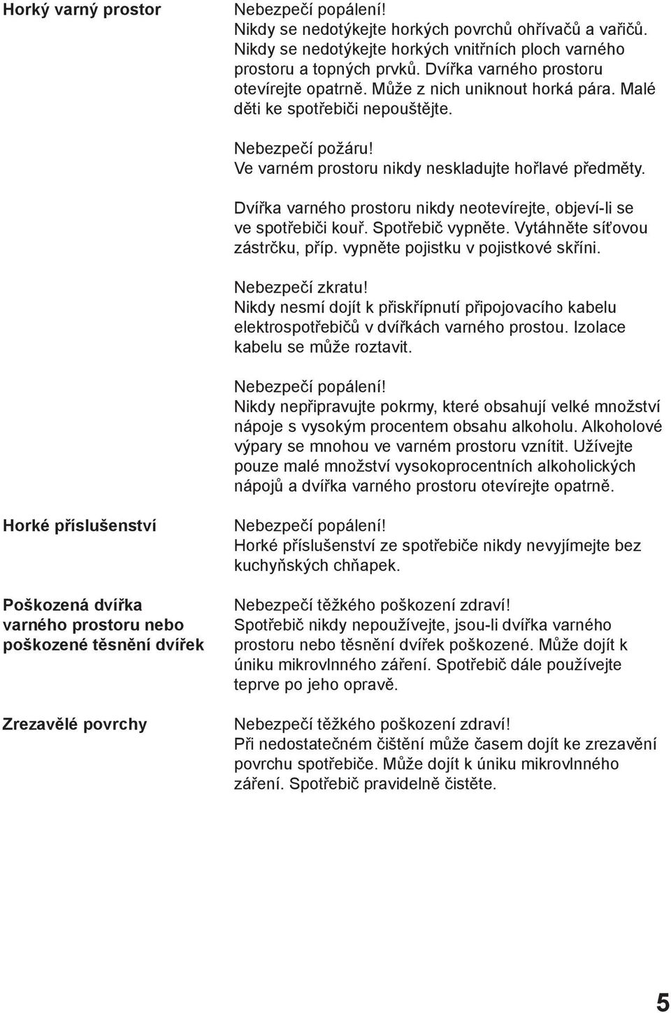 Dvířka varného prostoru nikdy neotevírejte, objeví-li se ve spotřebiči kouř. Spotřebič vypněte. Vytáhněte síťovou zástrčku, příp. vypněte pojistku v pojistkové skříni. Nebezpečí zkratu!