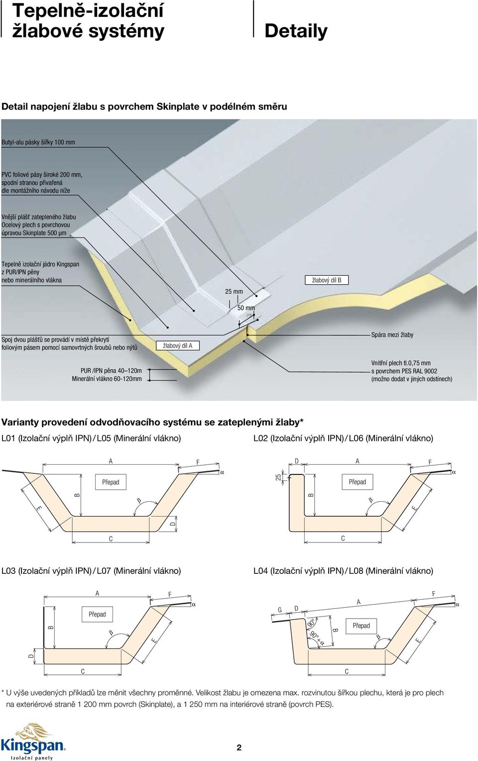 provádí v místě překrytí foliovým pásem pomocí samovrtných šroubů nebo nýtů PUR /IPN pěna 40 120m Minerální vlákno 60-120mm žlabový díl A Spára mezi žlaby Vnitřní plech tl.