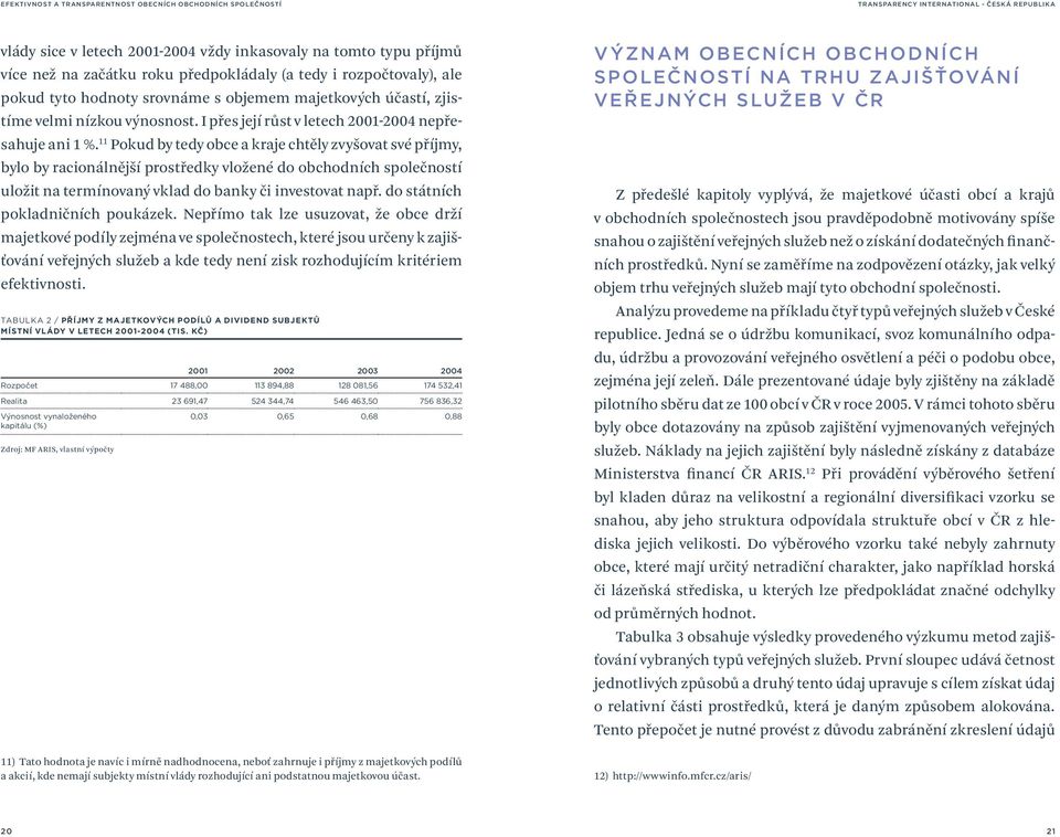 11 Pokud by tedy obce a kraje chtěly zvyšovat své příjmy, bylo by racionálnější prostředky vložené do obchodních společností uložit na termínovaný vklad do banky či investovat např.