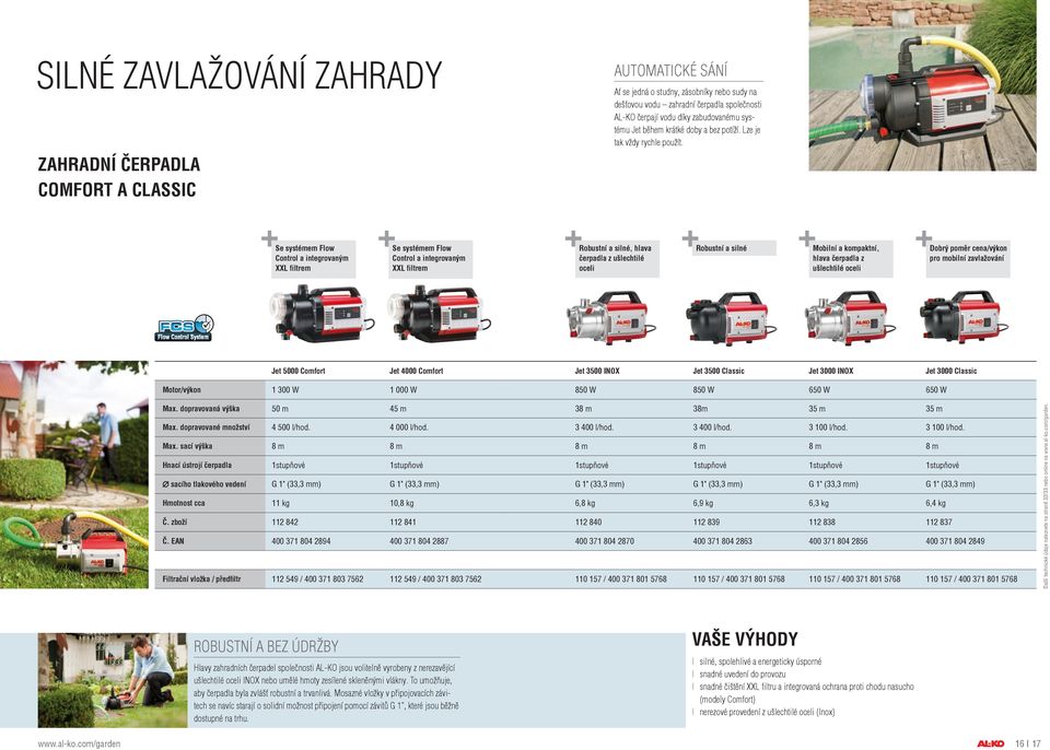 Se systémem Flow Control a integrovaným XXL filtrem Se systémem Flow Control a integrovaným XXL filtrem Robustní a silné, hlava čerpadla z ušlechtilé oceli Robustní a silné Mobilní a kompaktní, hlava