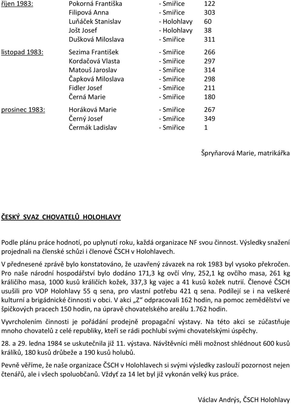 267 Černý Josef - Smiřice 349 Čermák Ladislav - Smiřice 1 Špryňarová Marie, matrikářka ČESKÝ SVAZ CHOVATELŮ HOLOHLAVY Podle plánu práce hodnotí, po uplynutí roku, každá organizace NF svou činnost.