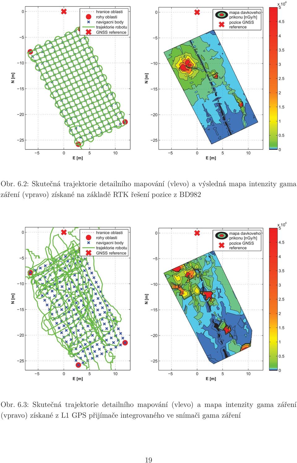 2: Skutečná trajektorie detailního mapování (vlevo) a výsledná mapa intenzity gama záření (vpravo) získané na základě RTK řešení pozice z BD982 3: Skutečná trajektorie detailního mapování (vlevo) a