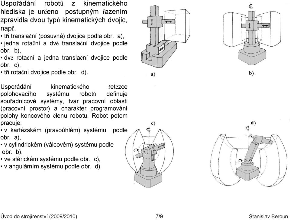 Uspořádání kinematického řetězce polohovacího systému robotů definuje souřadnicové systémy, tvar pracovní oblasti (pracovní prostor) a charakter programování polohy koncového členu