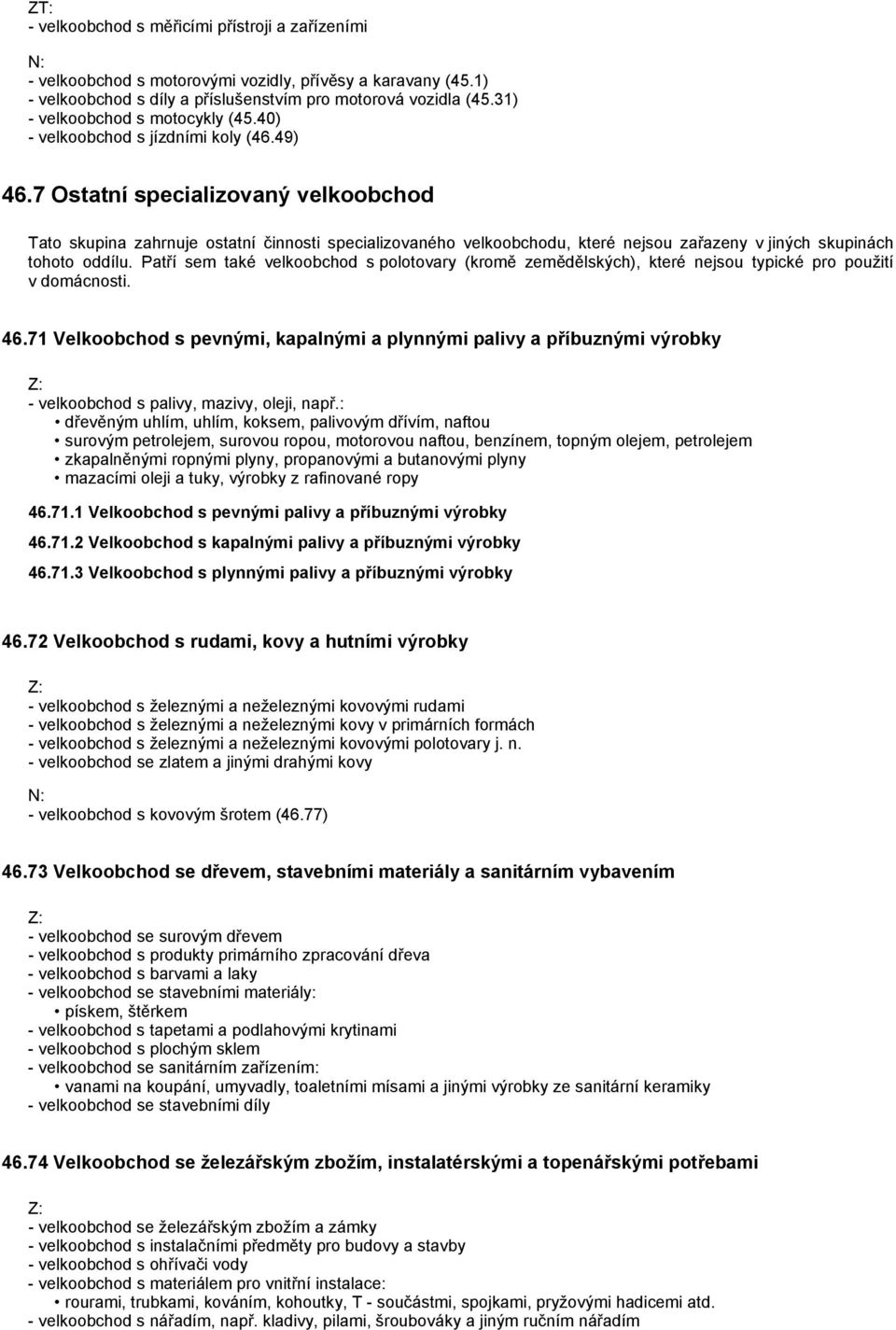 7 Ostatní specializovaný velkoobchod Tato skupina zahrnuje ostatní činnosti specializovaného velkoobchodu, které nejsou zařazeny v jiných skupinách tohoto oddílu.