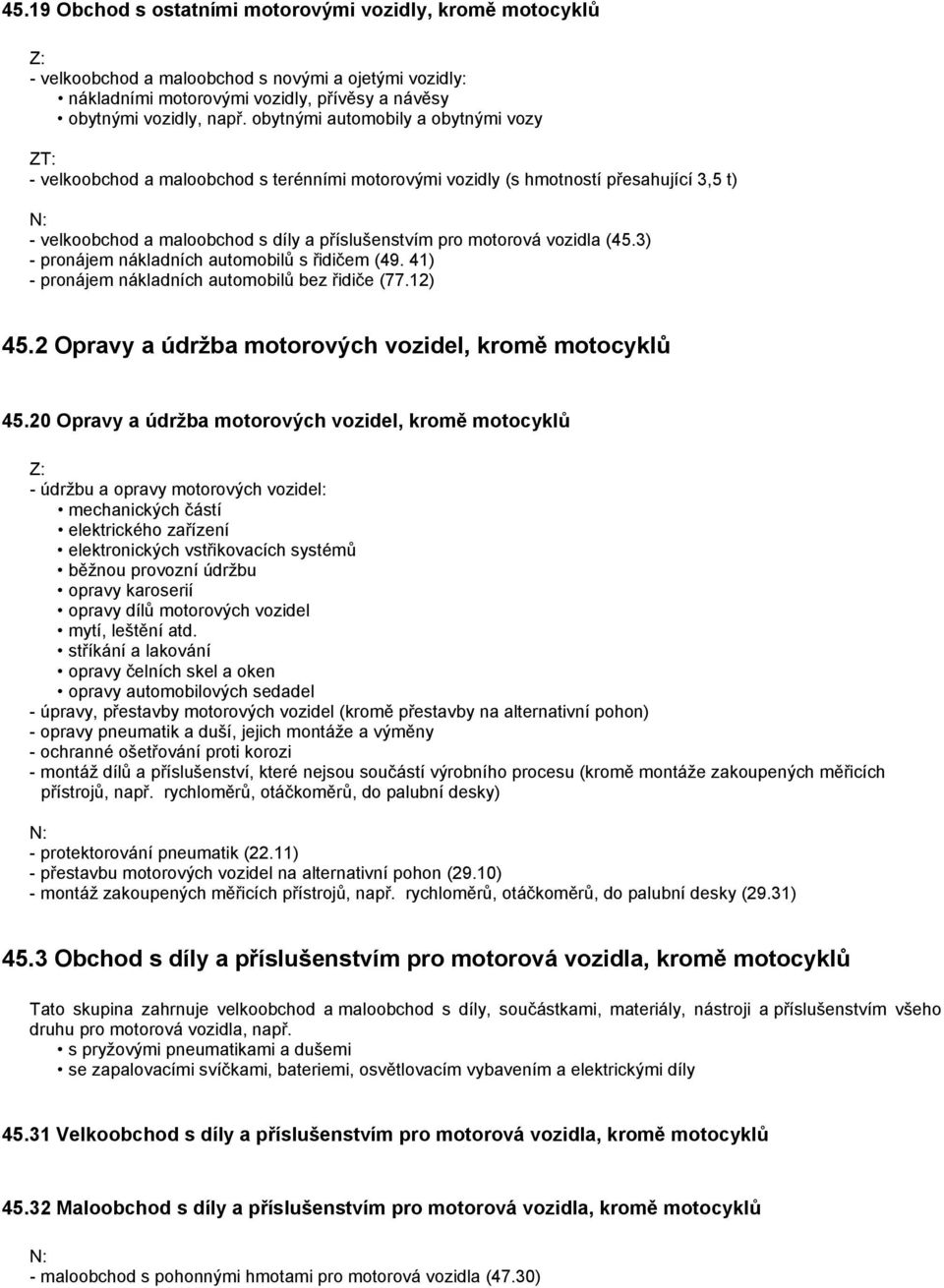 (45.3) - pronájem nákladních automobilů s řidičem (49. 41) - pronájem nákladních automobilů bez řidiče (77.12) 45.2 Opravy a údržba motorových vozidel, kromě motocyklů 45.