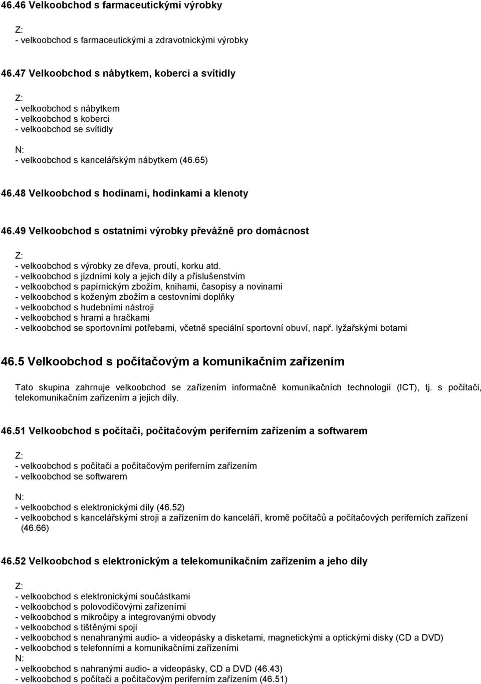 48 Velkoobchod s hodinami, hodinkami a klenoty 46.49 Velkoobchod s ostatními výrobky převážně pro domácnost - velkoobchod s výrobky ze dřeva, proutí, korku atd.