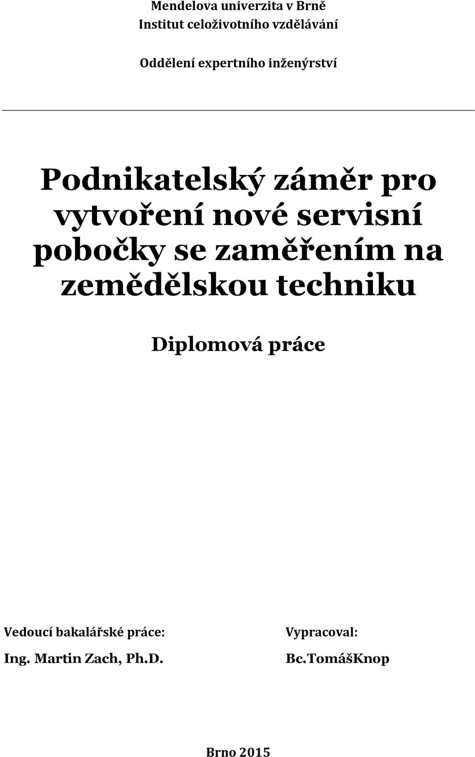 pobočky se zaměřením na zemědělskou techniku Diplomová práce Vedoucí