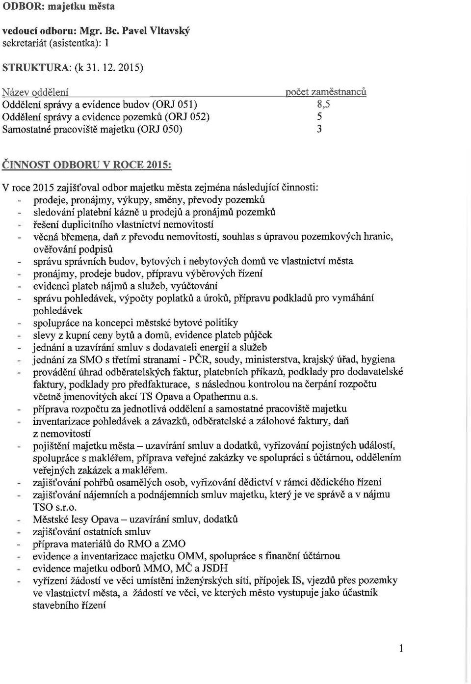 2015: V roce 2015 zajišťoval odbor majetku města zejména následující činnosti: prodeje, pronájmy, výkupy, směny, převody pozemků sledování platební kázně u prodejů a pronájmů pozemků řešení