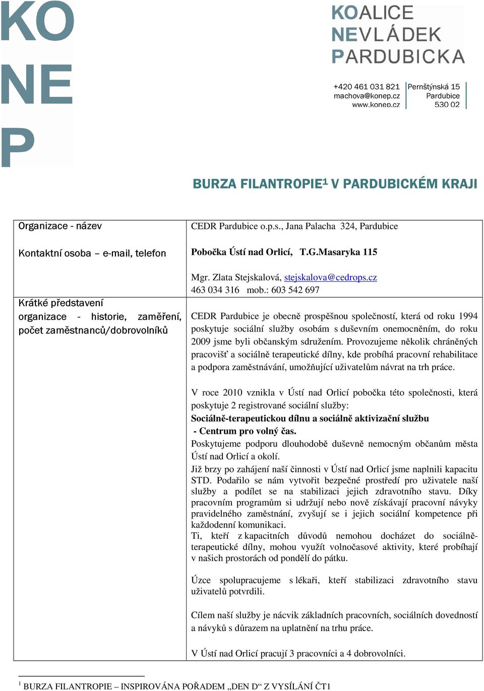 : 603 542 697 CEDR je obecně prospěšnou společností, která od roku 1994 poskytuje sociální služby osobám s duševním onemocněním, do roku 2009 jsme byli občanským sdružením.