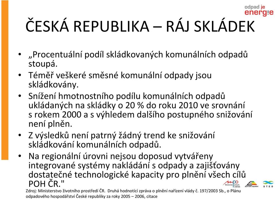 Z výsledků není patrný žádný trend ke snižování skládkováníkomunálních odpadů.