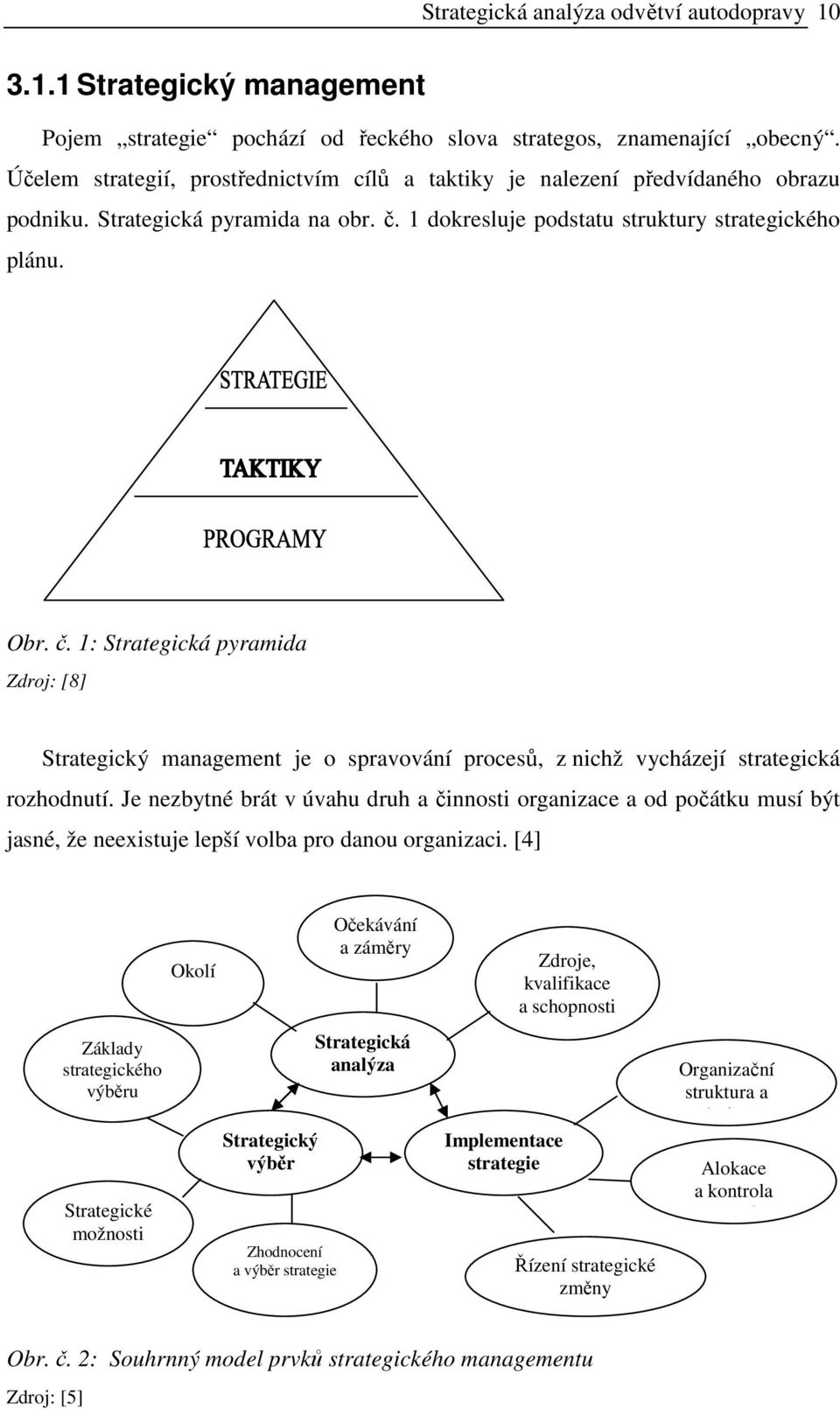 1 dokresluje podstatu struktury strategického plánu. Obr. č. 1: Strategická pyramida Zdroj: [8] Strategický management je o spravování procesů, z nichž vycházejí strategická rozhodnutí.