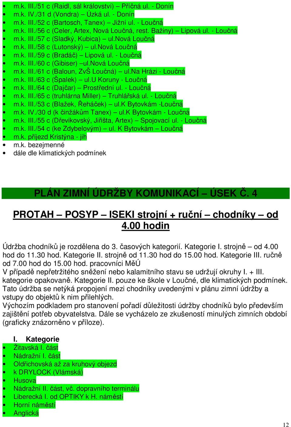 nová Loučná m.k. III./61 c (Baloun, ZvŠ Loučná) ul.na Hrázi - Loučná m.k. III./63 c (Špalek) ul.u Koruny - Loučná m.k. III./64 c (Dajčar) Prostřední ul. - Loučná m.k. III./65 c (truhlárna Miller) Truhlářská ul.