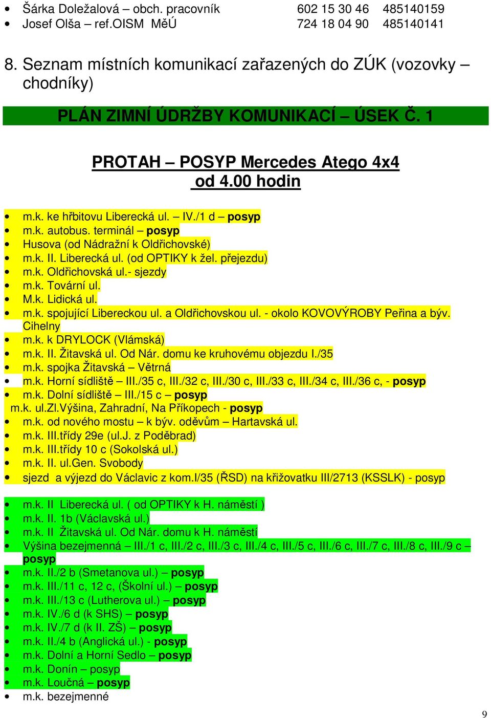 terminál posyp Husova (od Nádražní k Oldřichovské) m.k. II. Liberecká ul. (od OPTIKY k žel. přejezdu) m.k. Oldřichovská ul.- sjezdy m.k. Tovární ul. M.k. Lidická ul. m.k. spojující Libereckou ul.