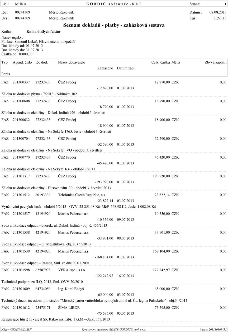 2013 Dat. úhrady do: 31.07.2013 Částka od: 10000,00 Seznam dokladů - platby - zakázková sestava Typ Agend. číslo Ičo dod. Název dodavatele Celk. částka Měna Zbývá zaplatit Popis Zaplaceno Datum zapl.