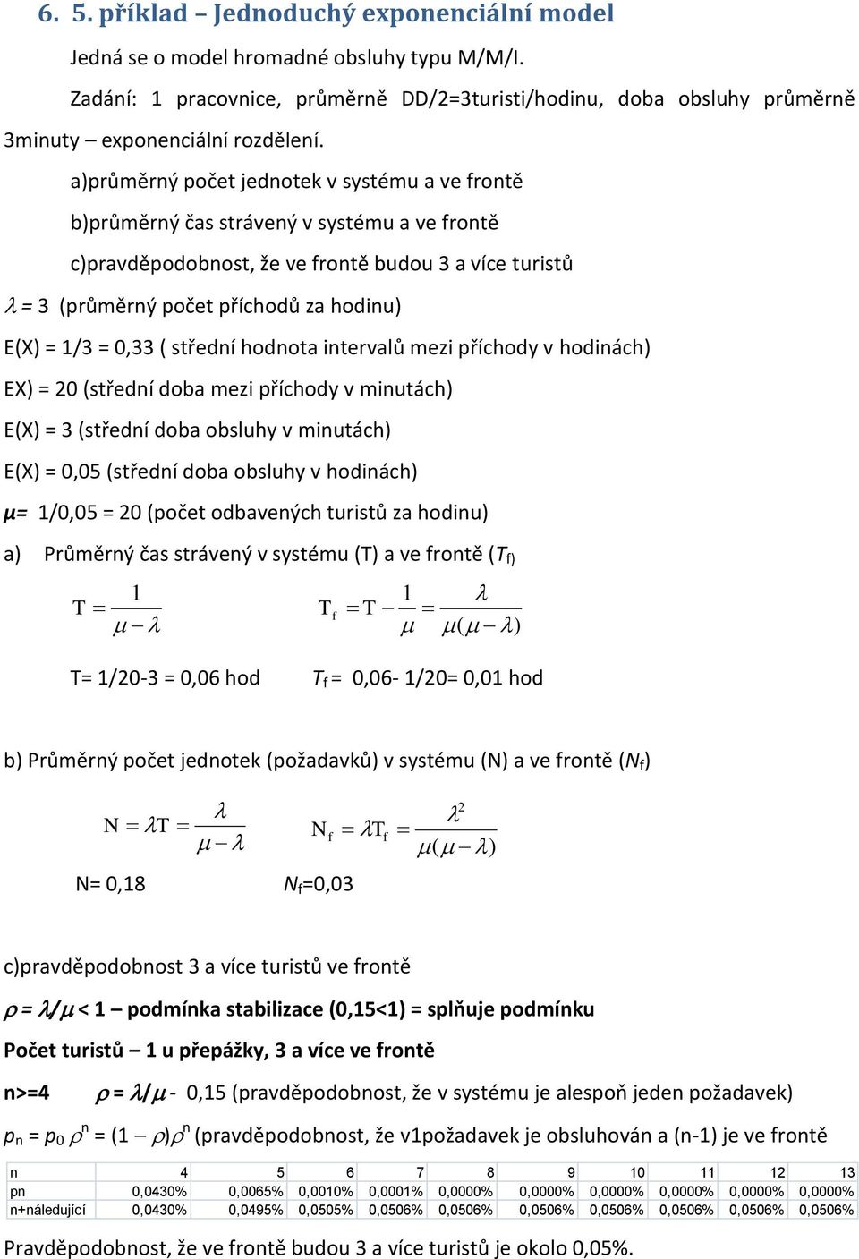 = 0,33 ( střední hodnota intervalů mezi příchody v hodinách) EX) = 20 (střední doba mezi příchody v minutách) E(X) = 3 (střední doba obsluhy v minutách) E(X) = 0,05 (střední doba obsluhy v hodinách)