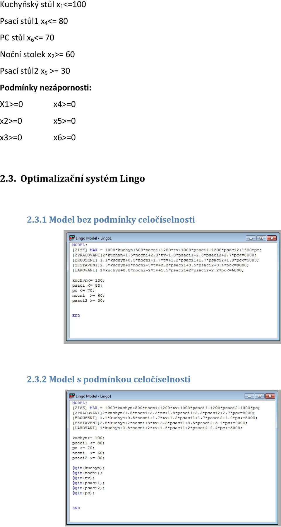 X1>=0 x2>=0 x3>=0 x4>=0 x5>=0 x6>=0 2.3. Optimalizační systém Lingo 2.