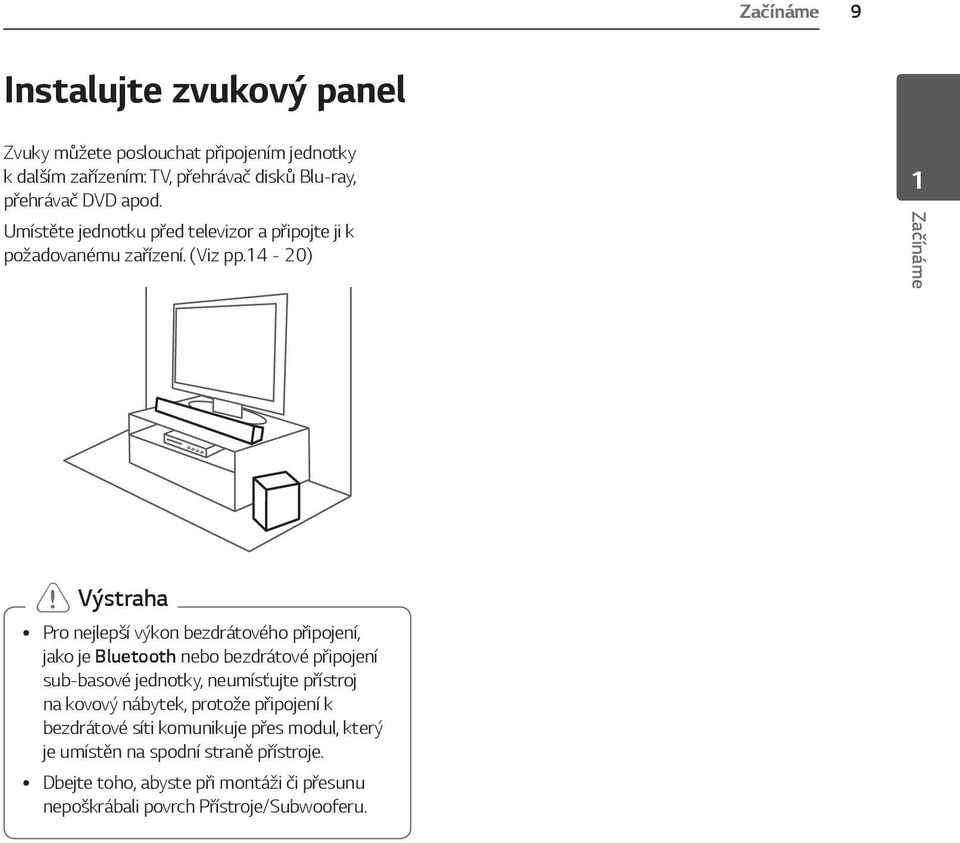 14-20) 1 Začínáme > > Výstraha y Pro nejlepší výkon bezdrátového připojení, jako je Bluetooth nebo bezdrátové připojení sub-basové jednotky,