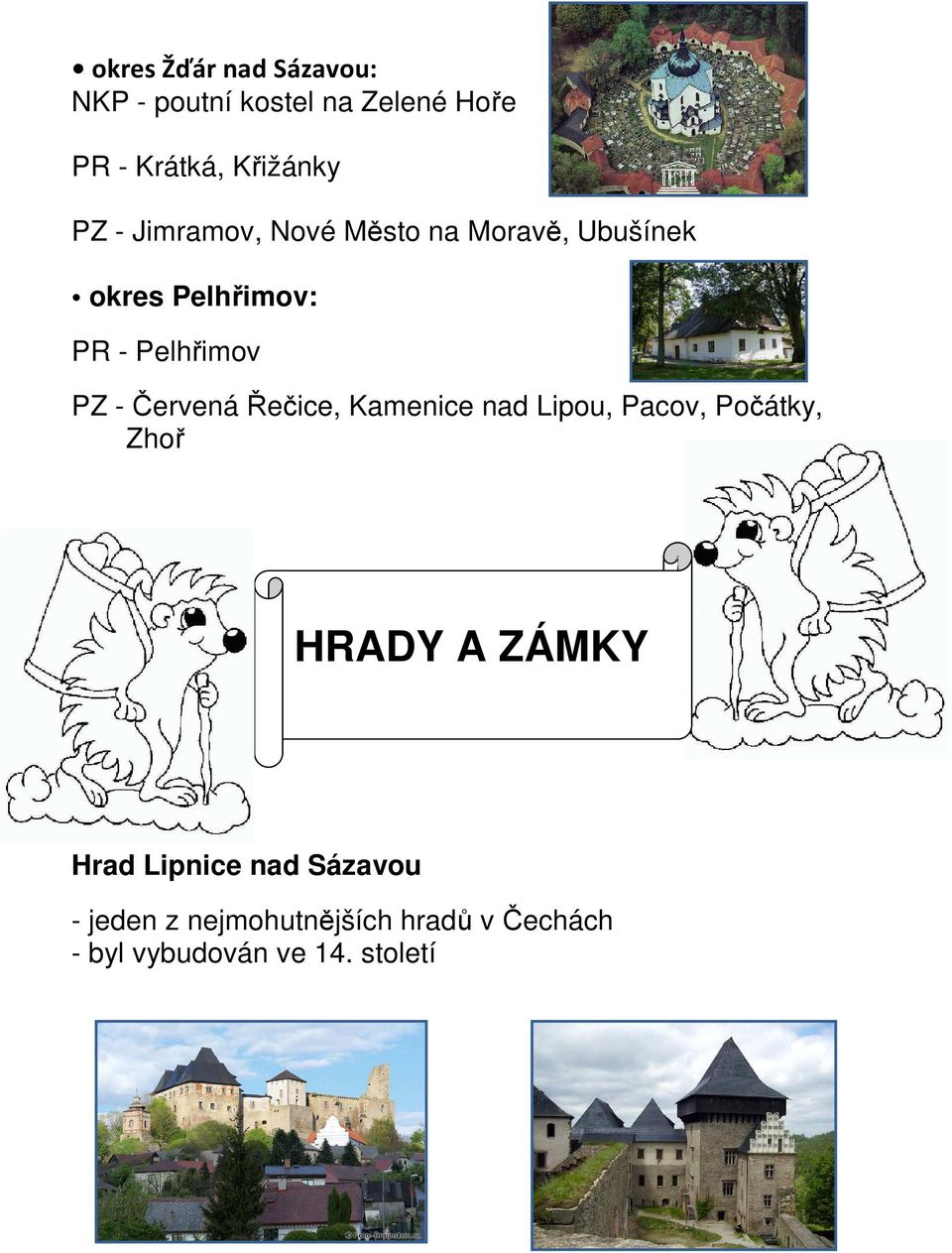 Červená Řečice, Kamenice nad Lipou, Pacov, Počátky, Zhoř HRADY A ZÁMKY Hrad