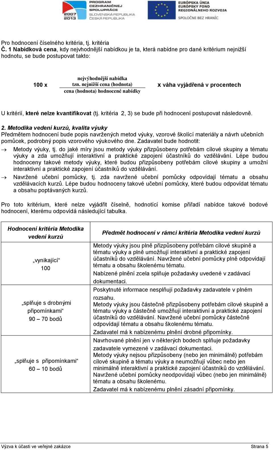 nejnižší cena (hodnota) x váha vyjádřená v procentech cena (hodnota) hodnocené nabídky U kritérií, které nelze kvantifikovat (tj. kritéria 2,