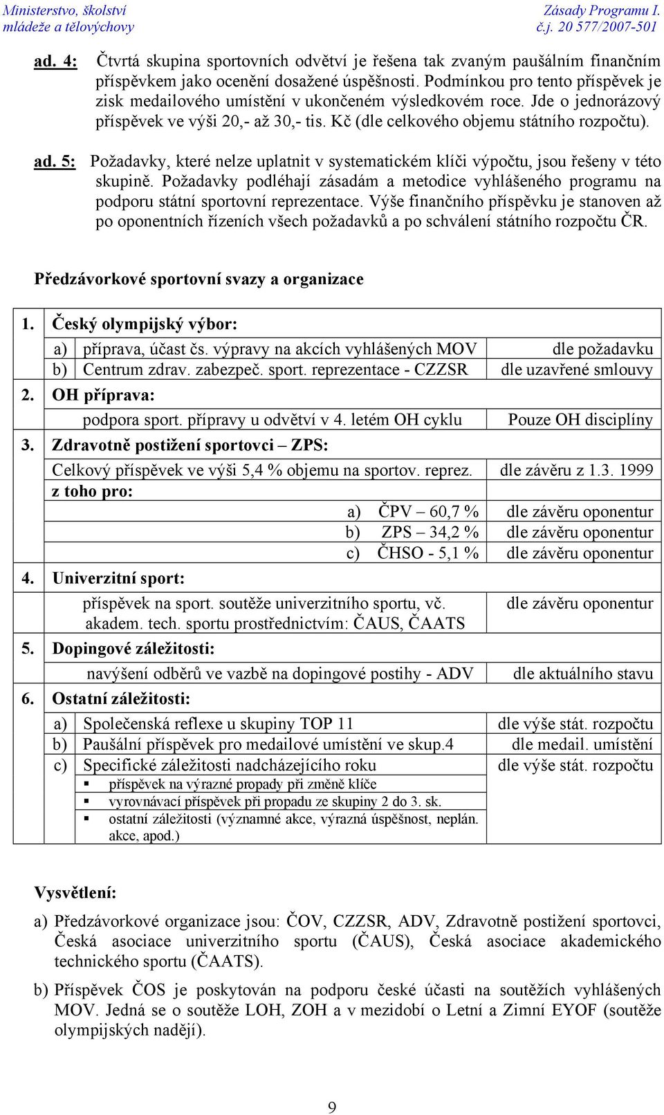 5: Požadavky, které nelze uplatnit v systematickém klíči výpočtu, jsou řešeny v této skupině. Požadavky podléhají zásadám a metodice vyhlášeného programu na podporu státní sportovní reprezentace.