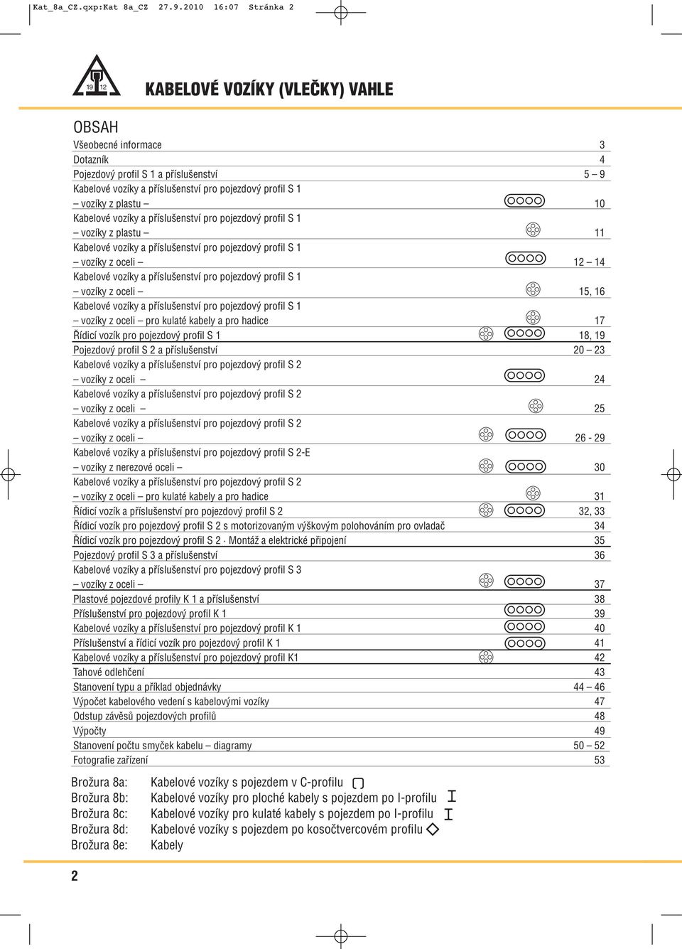 plastu 10 Kabelové vozíky a příslušenství pro pojezdový profil S 1 vozíky z plastu 11 Kabelové vozíky a příslušenství pro pojezdový profil S 1 vozíky z oceli 12 14 Kabelové vozíky a příslušenství pro
