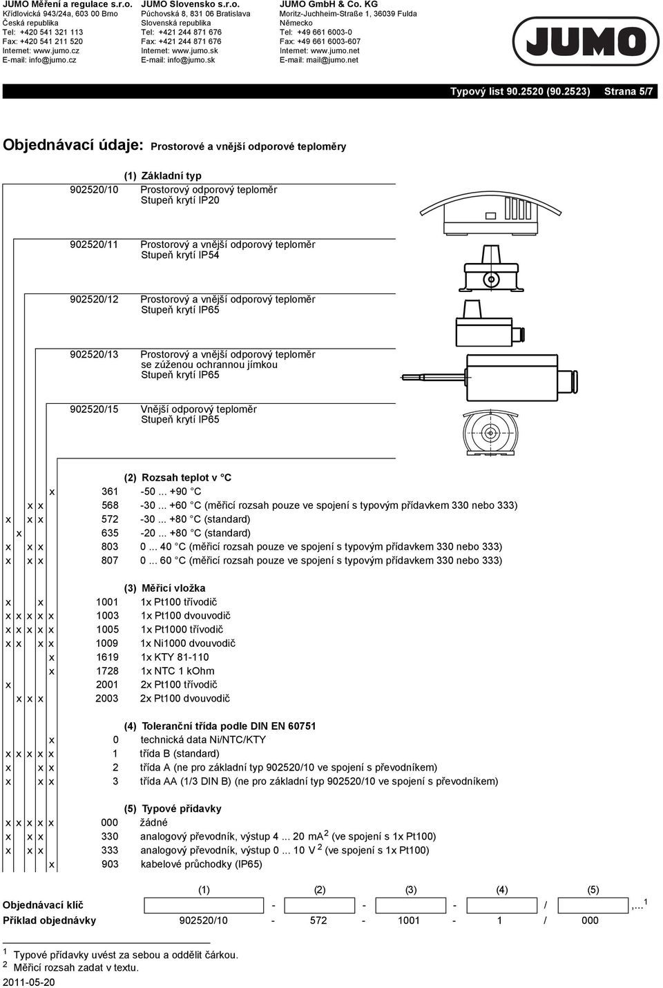 2523) Strana 5/7 Objednávací údaje: Prostorové a vn jší odporové teplo (1) Základní typ 902520/10 P20 902520/11 P54 902520/12 P65 902520/13 se zú enou ochrannou P65 902520/15 P65 (2) Rozsah teplot v