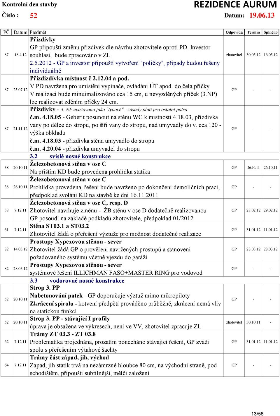 V PD navržena pro umístění vypínače, ovládání ÚT apod. do čela příčky V realizaci bude minuimalizováno cca 15 cm, u nevyzděných příček (3.NP) lze realizovat zděním příčky 24 cm. Přizdívky - 4.