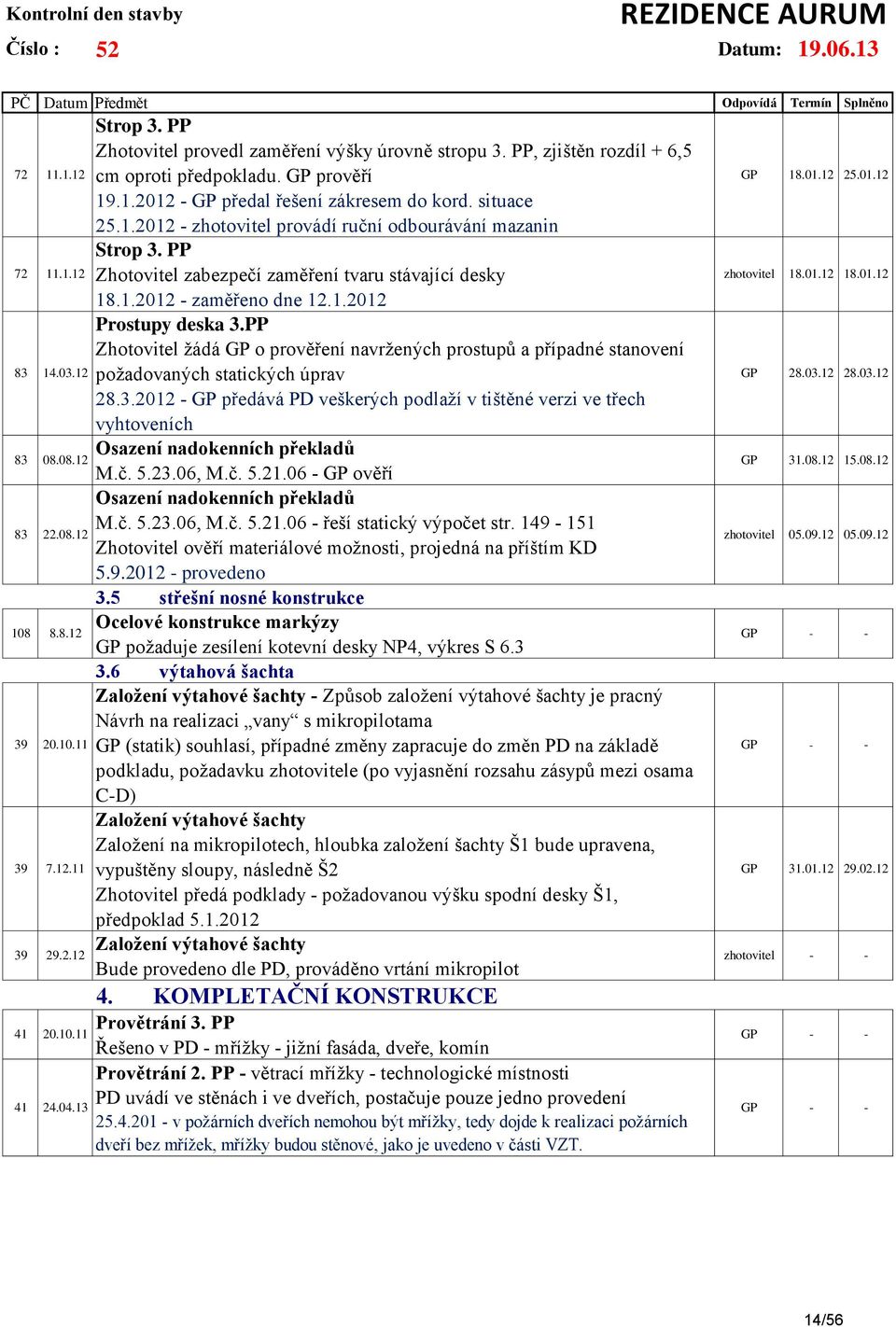 PP Zhotovitel zabezpečí zaměření tvaru stávající desky 18.1.2012 - zaměřeno dne 12.1.2012 Prostupy deska 3.