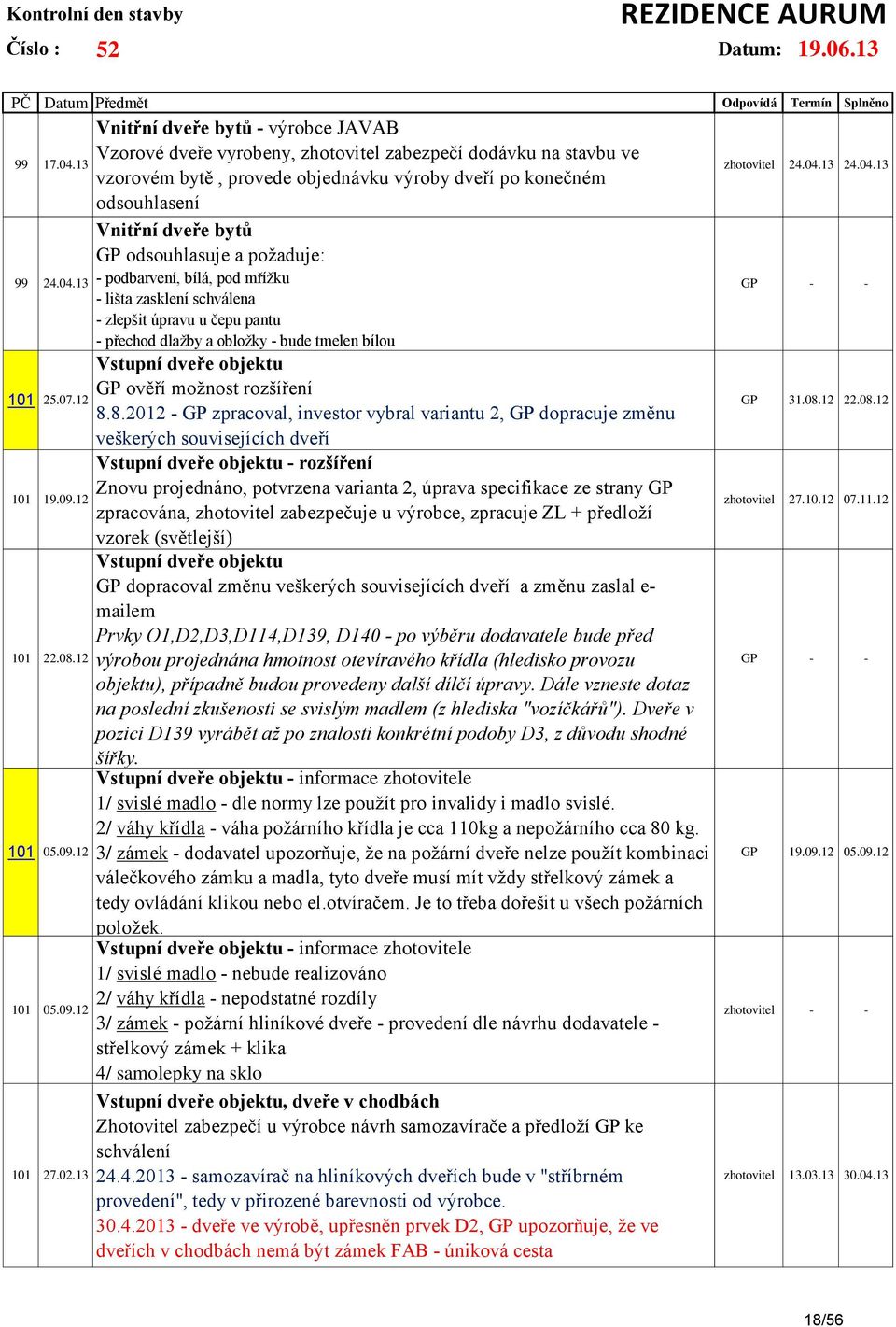 odsouhlasuje a požaduje: - podbarvení, bílá, pod mřížku - lišta zasklení schválena - zlepšit úpravu u čepu pantu - přechod dlažby a obložky - bude tmelen bílou Vstupní dveře objektu GP ověří možnost