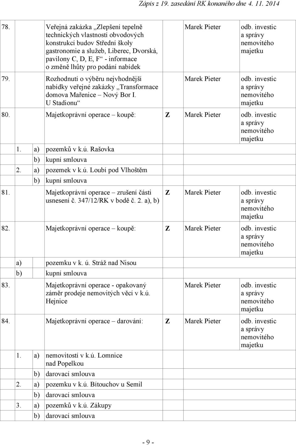 investic a správy nemovitého majetku 80. Majetkoprávní operace koupě: Z Marek Pieter odb. investic a správy nemovitého majetku 1. a) pozemků v k.ú. Rašovka b) kupní smlouva 2. a) pozemek v k.ú. Loubí pod Vlhoštěm b) kupní smlouva 81.