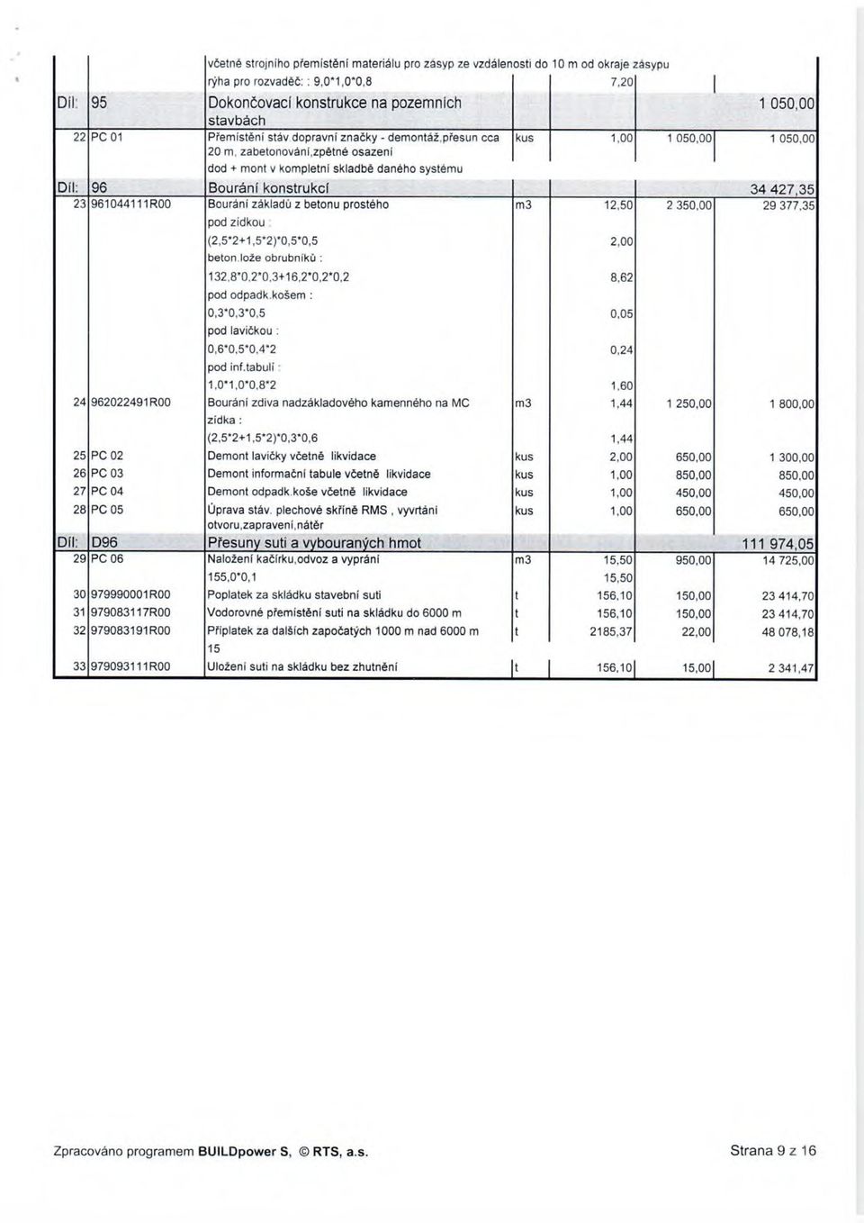 přesun cca 20 m, zabetonování,zpětné osazení dod + mont v kompletní skladbě daného systému D II: 96 Bourání konstrukcí 23 961044111R00 Bourání základů z betonu prostého pod zídkou