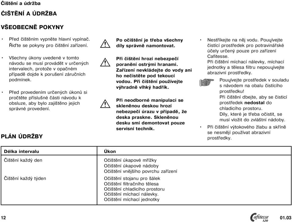 Před provedením určených úkonů si pročtěte příslušné části návodu k obsluze, aby bylo zajištěno jejich správné provedení. PLÁN ÚDRŽBY Po očištění je třeba všechny díly správně namontovat.