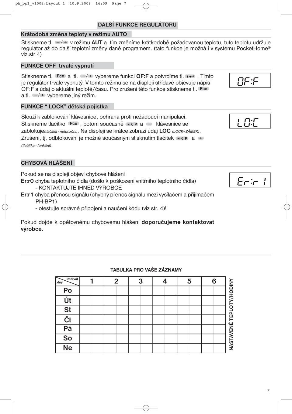 str 4) FUNKCE OFF trvalé vypnutí Stiskneme tl. Fce a tl. vybereme funkci OF:F a potvrdíme tl. i. Tímto je regulátor trvale vypnutý.