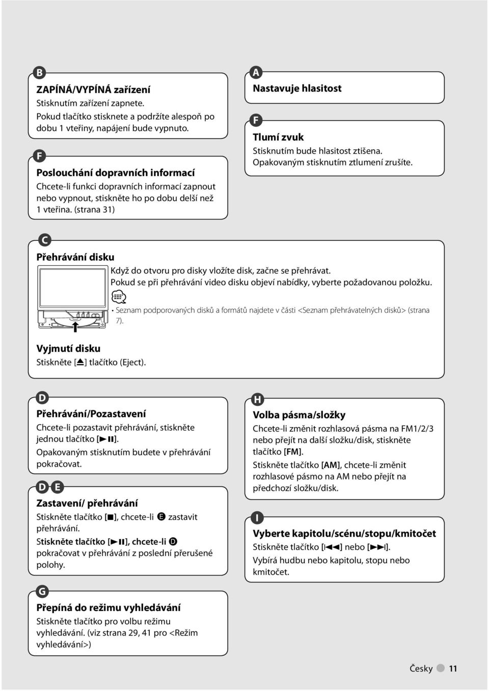 (strana ) A Nastavuje hlasitost F Tlumí zvuk Stisknutím bude hlasitost ztišena. Opakovaným stisknutím ztlumení zrušíte. C Přehrávání disku Když do otvoru pro disky vložíte disk, začne se přehrávat.