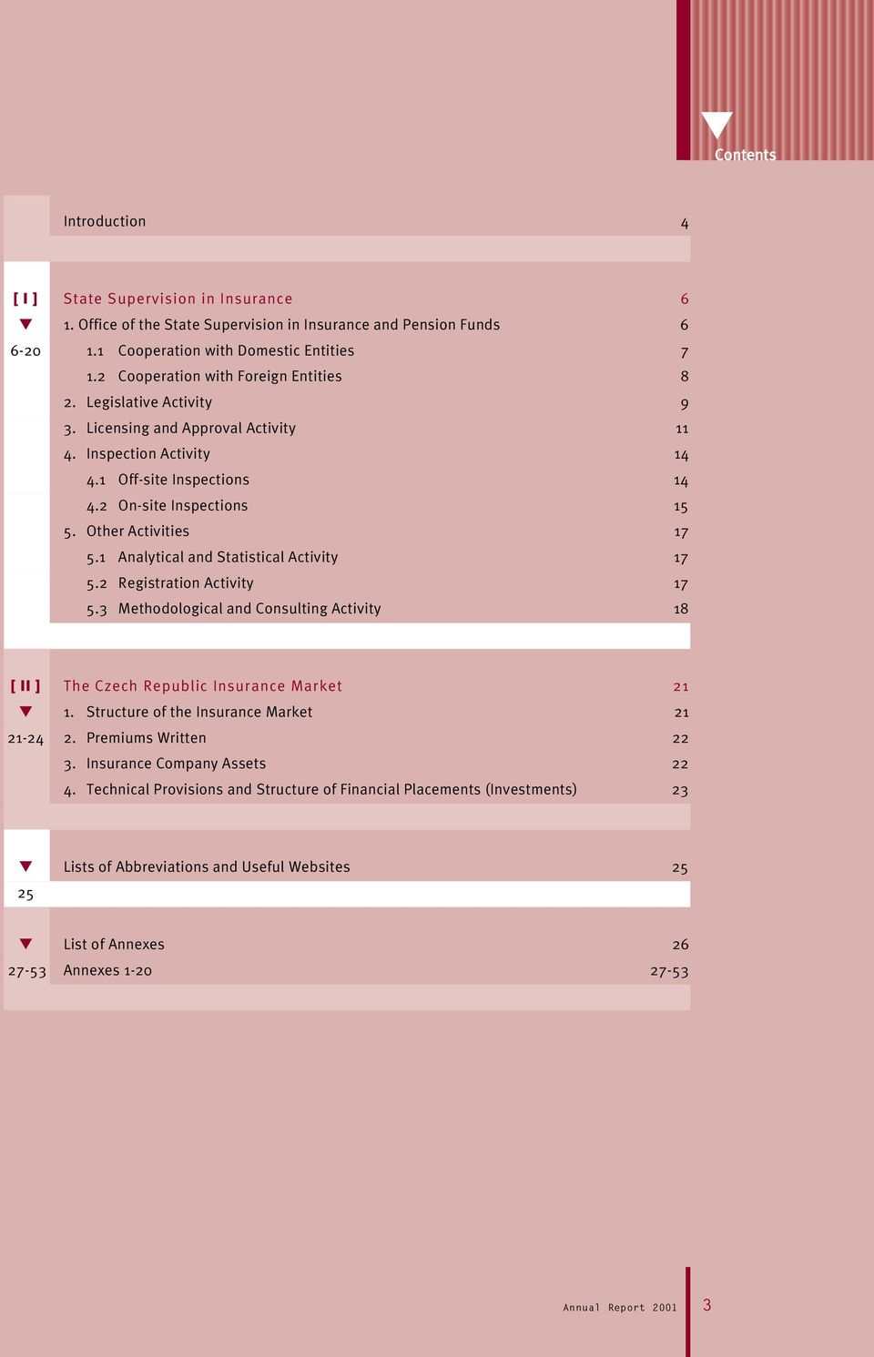 Other Activities 17 5.1 Analytical and Statistical Activity 17 5.2 Registration Activity 17 5.3 Methodological and Consulting Activity 18 [ II ] The Czech Republic Insurance Market 21 1.