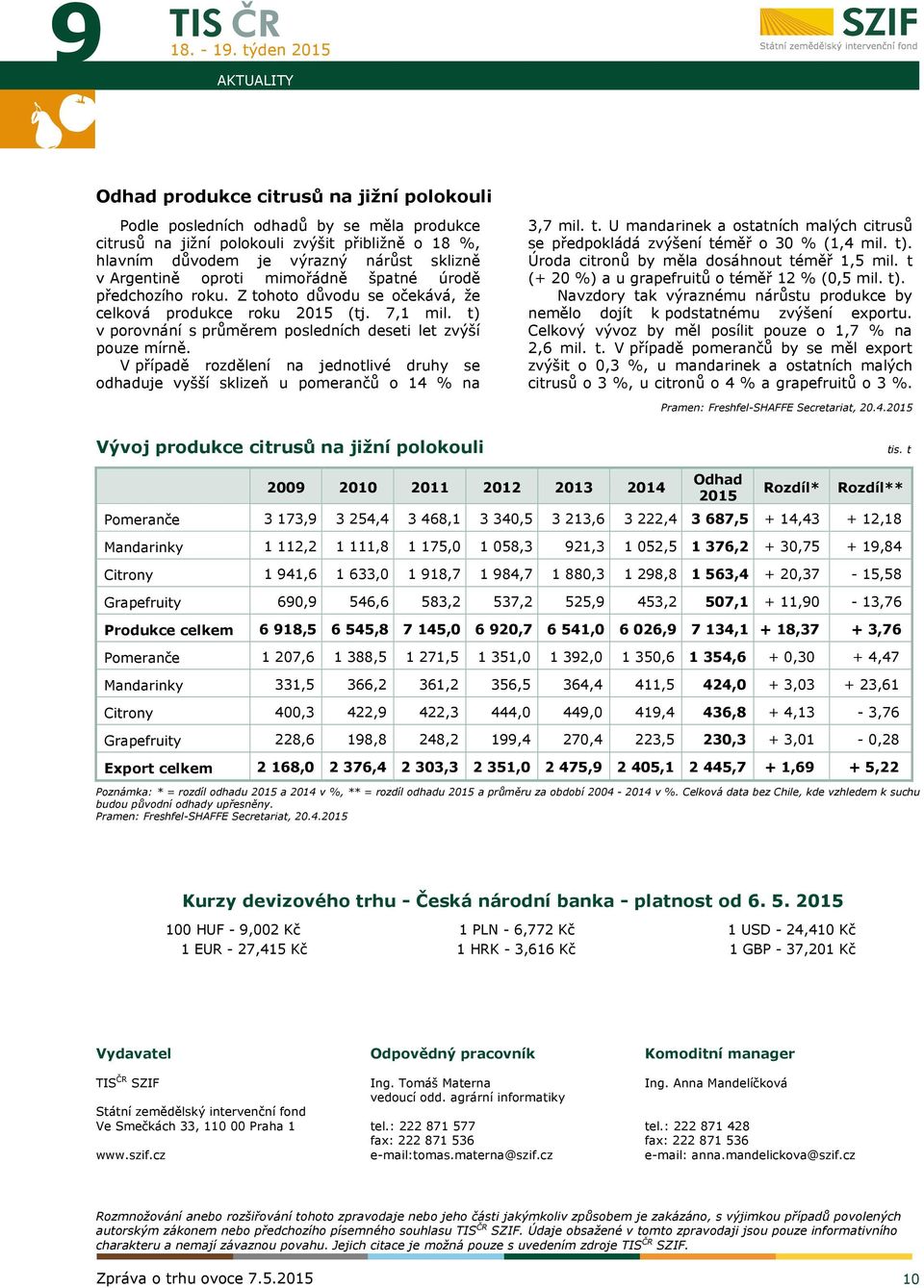 V případě rozdělení na jednotlivé druhy se odhaduje vyšší sklizeň u pomerančů o 14 % na 3,7 mil. t. U mandarinek a ostatních malých citrusů se předpokládá zvýšení téměř o 30 % (1,4 mil. t).