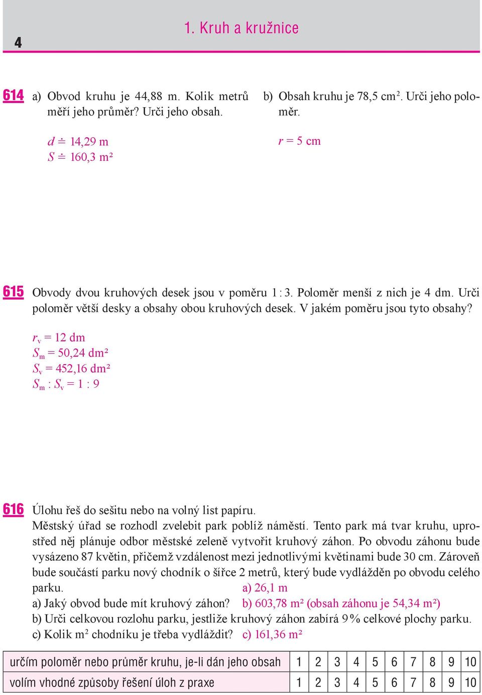 r v = 12 dm S m = 50,24 dm² S v = 452,16 dm² S m : S v = 1 : 9 616 Úlohu řeš do sešitu nebo na volný list papíru. Městský úřad se rozhodl zvelebit park poblíž náměstí.