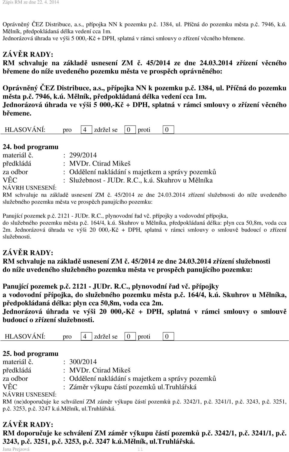 2014 zřízení věcného břemene do níže uvedeného pozemku města ve prospěch oprávněného:  Jednorázová úhrada ve výši 5 000,-Kč + DPH, splatná v rámci smlouvy o zřízení věcného břemene. 24.