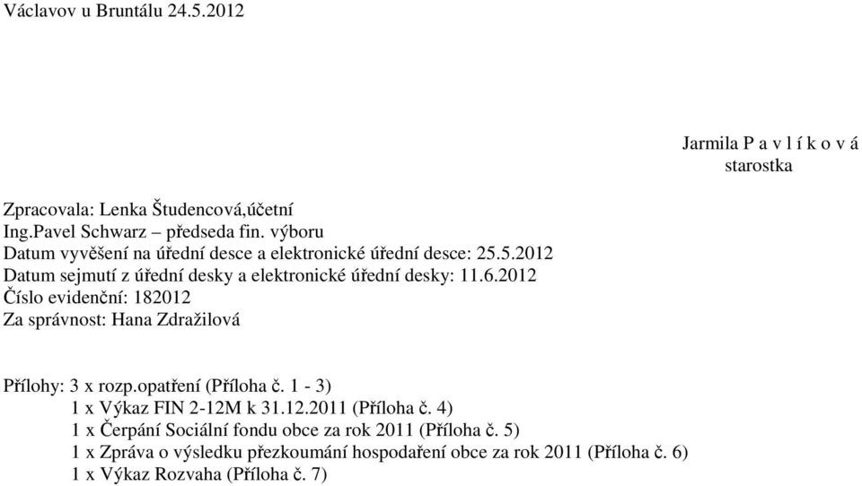 2012 Číslo evidenční: 182012 Za správnost: Hana Zdražilová Přílohy: 3 x rozp.opatření (Příloha č. 1-3) 1 x Výkaz FIN 2-12M k 31.12.2011 (Příloha č.