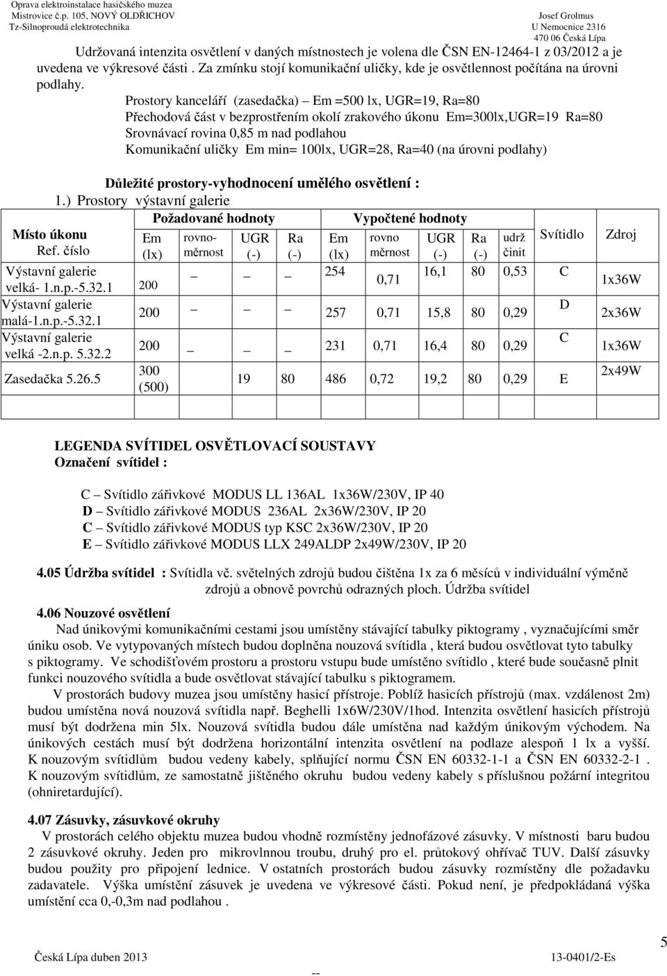 Prostory kanceláří (zasedačka) Em =500 lx, UGR=19, Ra=80 Přechodová část v bezprostřením okolí zrakového úkonu Em=300lx,UGR=19 Ra=80 Srovnávací rovina 0,85 m nad podlahou Komunikační uličky Em min=