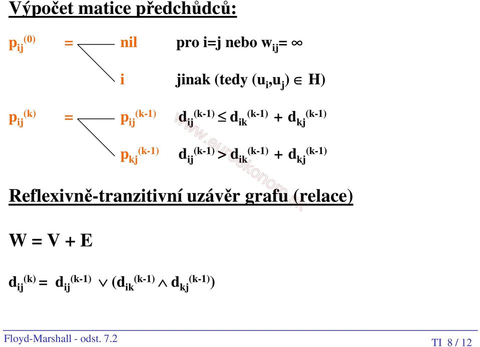 ij > d ik + d kj Reflexivně-tranzitivní uzávěr grafu (relace) W =